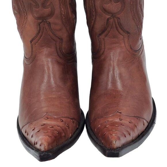 Cowboy Boots 8M Brown Ostrich Pointed Toe Leather Cowboy Western Black Rooster - Picture 4 of 16